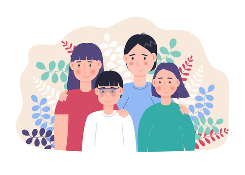 Happy family concept vector. Mother and farther, son and daughter with on botanic, leave background. National foster care month, family day, week - Powered by Adobe