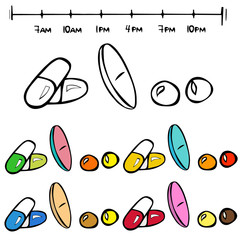 Pills and time scale set, doodle illustration of pills daily schedule with set of colorful drugs. Can be used for daily organizers, stickers, label design and more