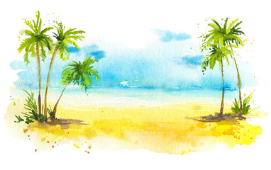 Summer beach with palm trees, watercolor background - 346630331