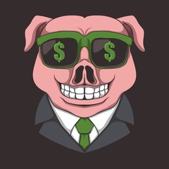Pig eyeglasses dollar vector illustration