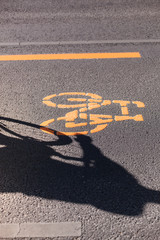 Cycle lane with orange painted bike on asphalt. Bicycle lane on city street. Ecological green urban...