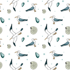 Abstract sea background, beach theme fashion seamless pattern, monochrome exotic vector wallpaper, vintage fabric, wrapping with seagull and wave ornaments - summer, maritime theme for design