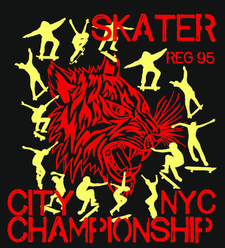 Tattoo tiger Skateboarder embroidery graphic design vector art