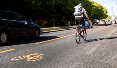 Bicycle lane and car traffic. Cycle lane with orange painted bike on asphalt. Ecological green...