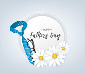 Father's Day banner background. Blue realistic tie, glasses, and daisy flowers. Vector illustration.