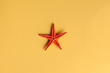 Fototapeta na wymiar Flatlay with red starfish on a yellow background. The concept of travel, vacation at sea. Copy space. Art