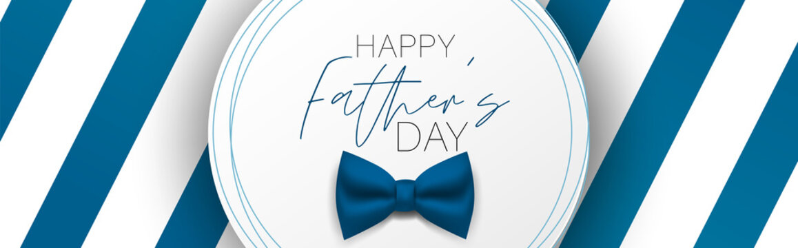 Happy Father's Day banner or header. Blue stripes and tie bow. Vector illustration.