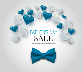 Father's Day sale banner background design. Blue tie bow and hearts. Vector illustration.
