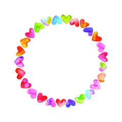 Colored round frame with hearts. Vector watercolor