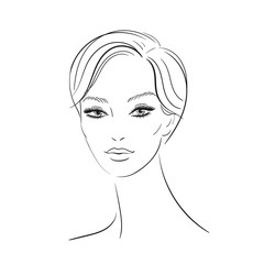 Hand-drawn Beautiful face of a young woman isolated on white background.Line head of a girl with short hair.Beauty Logo.Vector Stock illustration.