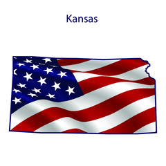 Kansas full of American flag waving in the wind. The outline of the state