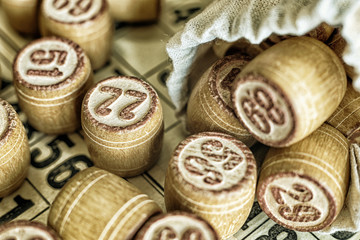 Close up wooden barrels for playing Lotto.