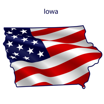 Iowa full of American flag waving in the wind. The outline of the state