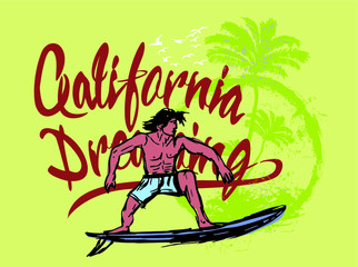 Fototapeta na wymiar California Surfer embroidery graphic design vector art