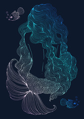 JPEG drawing fantastic sea mermaid with long wavy hair sits with his back. Ornamental decorated graphic illustration of a fairytale mermaid. Pattern sea nymph. Fairy tale colorful neon light