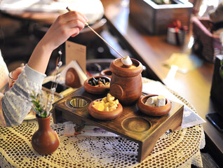 Chocolate fondue. Chocolate. Tasty food. Close-up