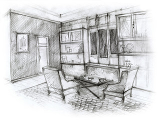 Interior room with furniture. Hand drawn sketch