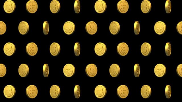 Golden pirate coin dollar with skull - video Seamless pattern background. Looped animation with alpha channel.