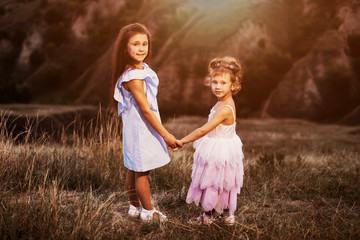 Fototapeta na wymiar Two sisters in light dresses holding hands near nature background. Summer sunny evening