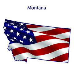 Montana full of American flag waving in the wind. The outline of the state