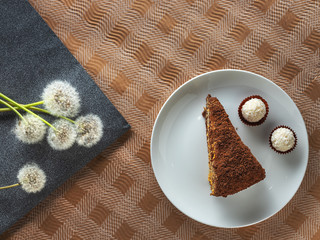 brown chocolate pie with two canies on the white plate with white dandelions and copy space