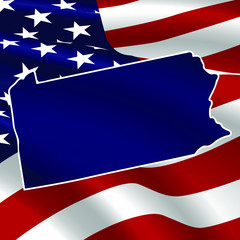 United States, Pennsylvania. Dark blue silhouette of the state on its borders on the background of the USA flag.