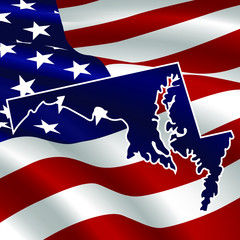 United States, Maryland. Dark blue silhouette of the state on its borders on the background of the USA flag.