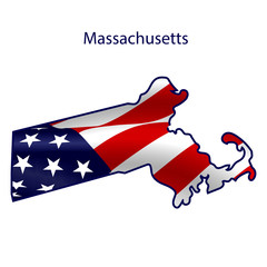 Massachusetts full of American flag waving in the wind. The outline of the state