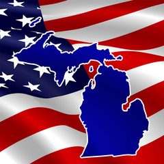 United States, Michigan. Dark blue silhouette of the state on its borders on the background of the USA flag.