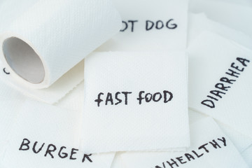 Toilet paper with text fast food. Concept of personal hygiene. Fast food Concept