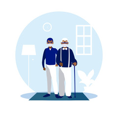 Man and grandfather with masks at home vector design