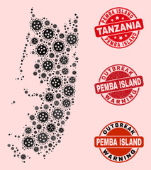 Outbreak collage of covid-2019 mosaic Pemba island map and unclean seals. Vector red seals with unclean rubber texture and Outbreak Warning caption. Mosaic Pemba island map designed with flu virus,