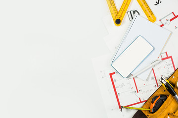 construction tools and phone, house plan, repair concept, layout, design nobody