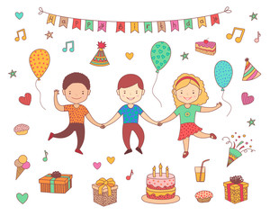 Kids Birthday party celebration. Group of friends hold hands. Objects set. Cake, air balloons, gift, present box, cupcake, pie, firework, music sign. Clorful vector illustration isolated on white
