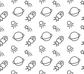 vector space seamless pattern with ufo, planets, comet, star and space shuttle doodle