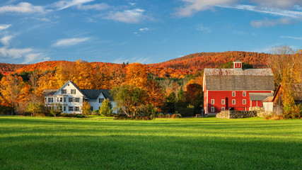 Autumn leaves on a farmhouse and barn near Woodstock Vermont