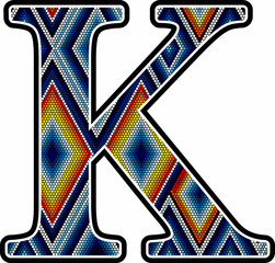 initial capital letter K with colorful dots abstract design inspired in mexican huichol art style. Isolated on white background