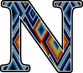 initial capital letter N with colorful dots abstract design inspired in mexican huichol art style. Isolated on white background