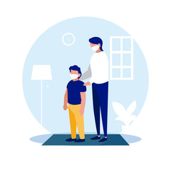 Father and son with masks at home vector design