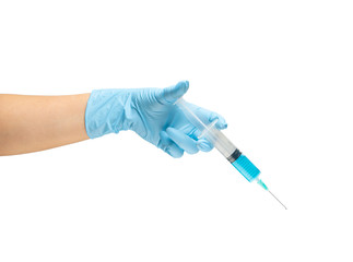 Female hand of a medic in a safe rubber glove of blue color in which a syringe with a liquid vaccine is blue, treatment of the disease on white background isolate.