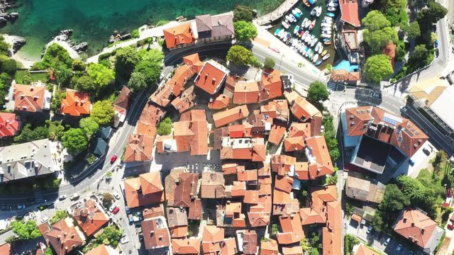 Croatia, Adriatic coast, beautiful old town of Lovran, historic center and coastline aerial overhead view, Kvarner bay 