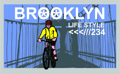 Brooklyn bridge and cyclist print and embroidery graphic design vector art