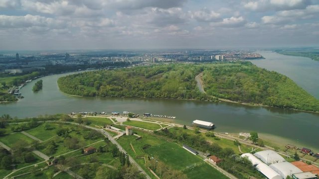 Panorama of Serbia capitol city - Belgrade. Camera moving from confluence of Sava and Danube to city center.