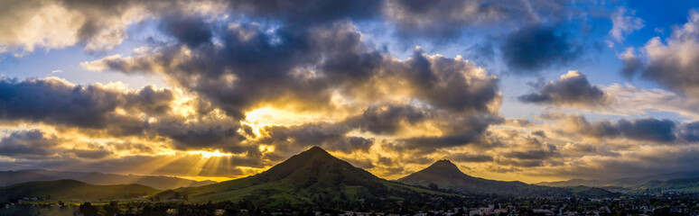Sunset in the Mountains, Panorama, Sunbeams, rays