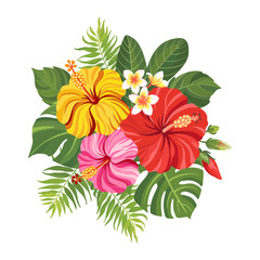 Tropical flowers bouquet. Floral composition with hibiscus, plumeria, palm leaves and monstera. Vector illustration.
