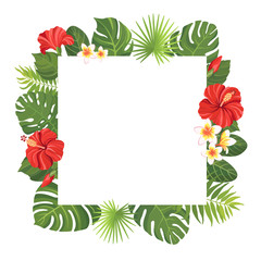 Red tropical flowers and green leaves frame template. Hibiscus and plumeria floral border with place for text. Vector illustration.