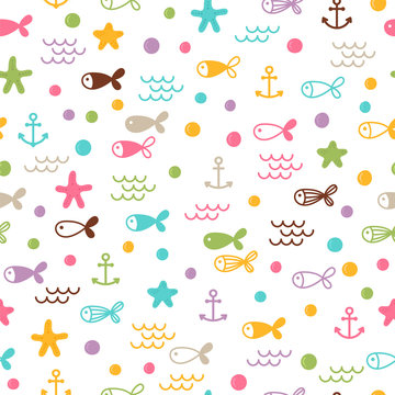 Summer sea seamless pattern with fishes, anchors and starfishes. Cute marine background. Perfect for wrapping paper, textile and web design