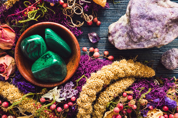 Teak Bowl of Malachite with Lepidolite, Amethyst and Dried Spring Flowers and Moss