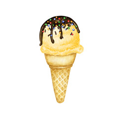 Banana Lemon Melon ice-cream in waffle cone decorated with chocolate and candies. Yellow Fruit Ice Cream Watercolor illustration isolated on white background