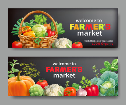 Promotional Banners For Farmers Market. Vector Set.